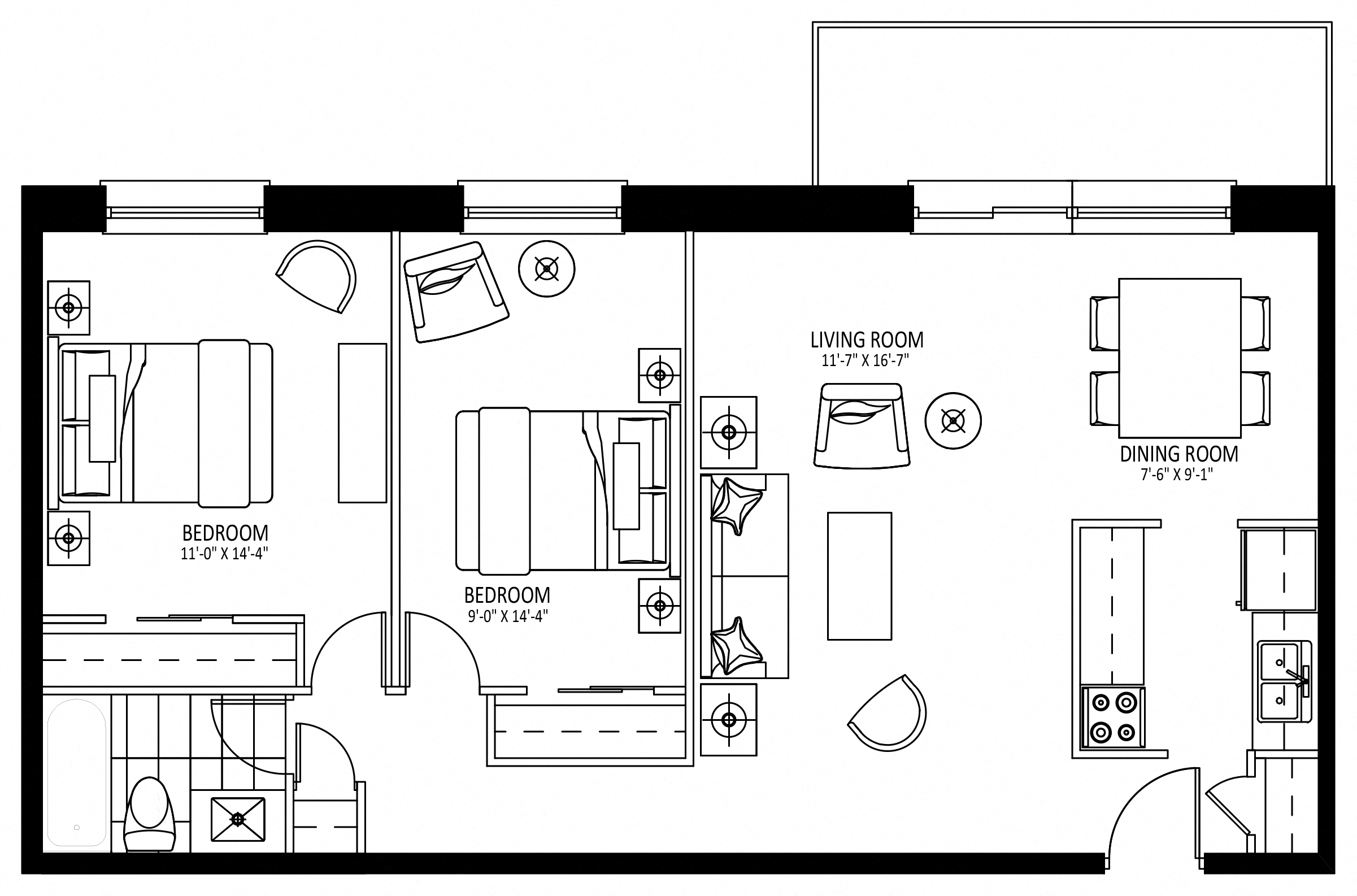 Floor plan for 2 beds, 1 bath, 890 sqft